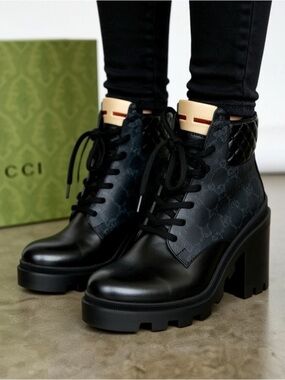 Gucci Black Lace Up Quilted Boots